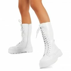 PUBLIC DESIRE KENDALL WHITE PU LACE UP CHUNKY KNEE HIGH BOOTS