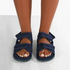 Como Store PUBLIC DESIRE MAEVE WIDE FIT DARK DENIM QUILTED FLAT SANDALS