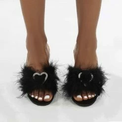 Como Store PUBLIC DESIRE GLAM BLACK EMBELLISHED HEART FEATHER MULE HEELS