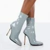 PUBLIC DESIRE LOU LOU GREY PATENT STILETTO HEEL SOCK BOOTS