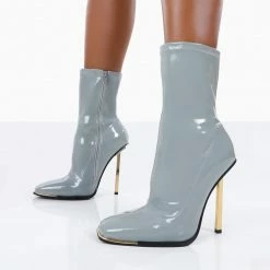 PUBLIC DESIRE LOU LOU GREY PATENT STILETTO HEEL SOCK BOOTS