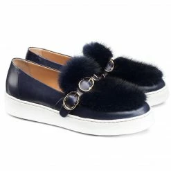 Como Store SANTONI LEATHER FUR SNEAKER NAVY Women