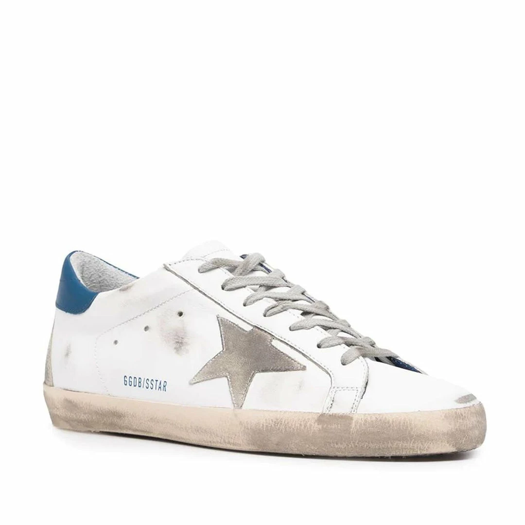 Golden Goose Deluxe Brand GOLDEN GOOSE MAN WHITE SUPER-STAR SNEAKERS WITH BLUE SPOILER AND SUEDE STAR