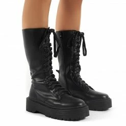 PUBLIC DESIRE KENDALL BLACK PU LACE UP CHUNKY KNEE HIGH BOOTS