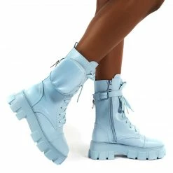 PUBLIC DESIRE INTENTION BLUE CHUNKY SOLE POUCH ANKLE BOOTS