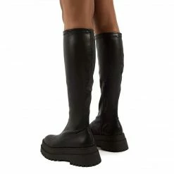 PUBLIC DESIRE HAUNT BLACK PU KNEE HIGH CHUNKY SOLE BOOTS