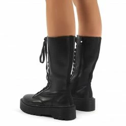 PUBLIC DESIRE KENDALL BLACK PU LACE UP CHUNKY KNEE HIGH BOOTS