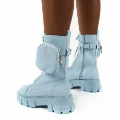 PUBLIC DESIRE INTENTION BLUE CHUNKY SOLE POUCH ANKLE BOOTS