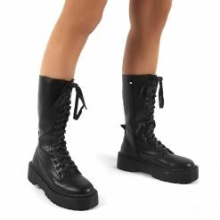 PUBLIC DESIRE KENDALL BLACK PU LACE UP CHUNKY KNEE HIGH BOOTS