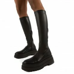 PUBLIC DESIRE HAUNT BLACK PU KNEE HIGH CHUNKY SOLE BOOTS
