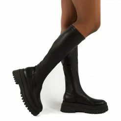 PUBLIC DESIRE HAUNT BLACK PU KNEE HIGH CHUNKY SOLE BOOTS