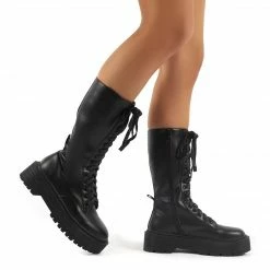 PUBLIC DESIRE KENDALL BLACK PU LACE UP CHUNKY KNEE HIGH BOOTS