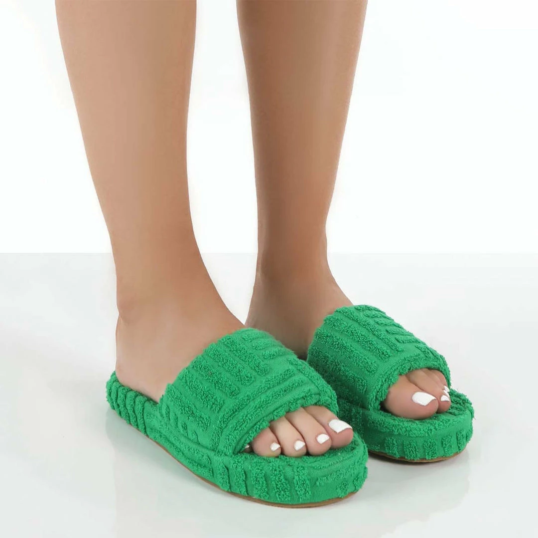 PUBLIC DESIRE JUICY GREEN TERRY TOWELLING SLIDER SLIPPERS