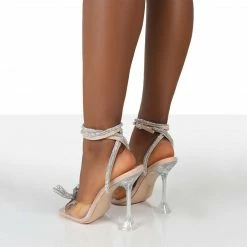 PUBLIC DESIRE GLIMMER NUDE WRAP AROUND DIAMANTE BOW HEELS