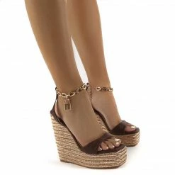 PUBLIC DESIRE IDOLIZE CHOC PADLOCK AND CHAIN DETAIL WEDGED HEELS