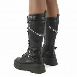 PUBLIC DESIRE AMARI BLACK PU LACE UP CHUNKY KNEE HIGH BOOTS