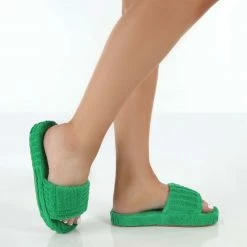 PUBLIC DESIRE JUICY GREEN TERRY TOWELLING SLIDER SLIPPERS
