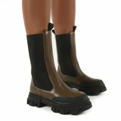 PUBLIC DESIRE BOSTON KHAKI CALF HIGH CHUNKY SOLE BOOTS