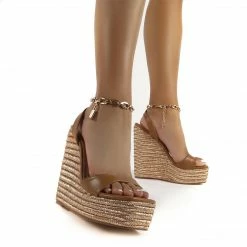 PUBLIC DESIRE IDOLIZE CAMEL PADLOCK AND CHAIN DETAIL WEDGED HEELS