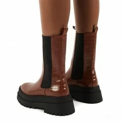 PUBLIC DESIRE BLAME TAN CHUNKY SOLE CALF HIGH BOOTS