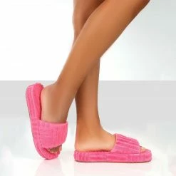PUBLIC DESIRE JUICY PINK TERRY TOWELLING SLIDER SLIPPERS