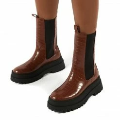 PUBLIC DESIRE BLAME TAN CHUNKY SOLE CALF HIGH BOOTS