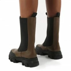 PUBLIC DESIRE BOSTON KHAKI CALF HIGH CHUNKY SOLE BOOTS