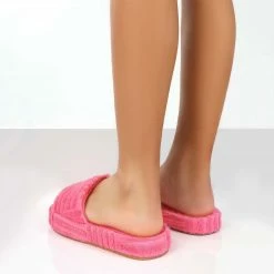 PUBLIC DESIRE JUICY PINK TERRY TOWELLING SLIDER SLIPPERS
