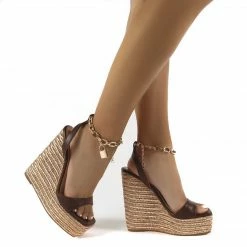 PUBLIC DESIRE IDOLIZE CHOC PADLOCK AND CHAIN DETAIL WEDGED HEELS