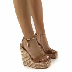 PUBLIC DESIRE IDOLIZE CAMEL PADLOCK AND CHAIN DETAIL WEDGED HEELS
