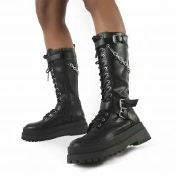 PUBLIC DESIRE AMARI BLACK PU LACE UP CHUNKY KNEE HIGH BOOTS