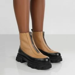 PUBLIC DESIRE DIRECTION TAN PU ZIP FRONT CHUNKY SOLE ANKLE BOOT