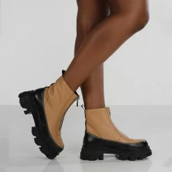 PUBLIC DESIRE DIRECTION TAN PU ZIP FRONT CHUNKY SOLE ANKLE BOOT