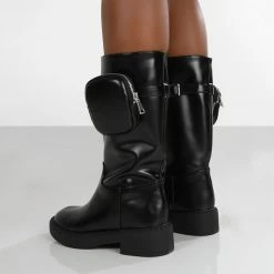 PUBLIC DESIRE EVOKE BLACK POCKET DETAIL CALF HEIGHT BOOT