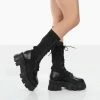 PUBLIC DESIRE HUDSON BLACK PU LACE UP CHUNKY KNEE HIGH BOOTS