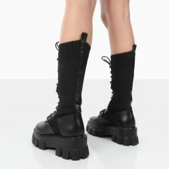 PUBLIC DESIRE HUDSON BLACK PU LACE UP CHUNKY KNEE HIGH BOOTS