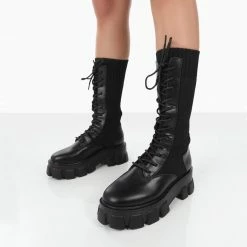 PUBLIC DESIRE HUDSON BLACK PU LACE UP CHUNKY KNEE HIGH BOOTS