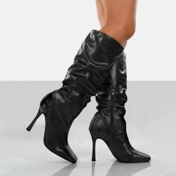 PUBLIC DESIRE IRIS BLACK POINTED TOE STILETTO HEEL KNEE HIGH BOOTS