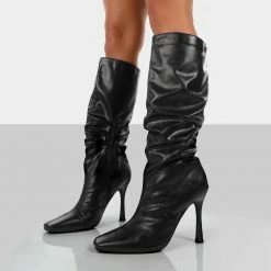 PUBLIC DESIRE IRIS BLACK POINTED TOE STILETTO HEEL KNEE HIGH BOOTS