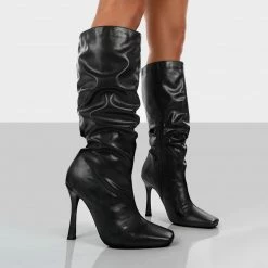 PUBLIC DESIRE IRIS BLACK POINTED TOE STILETTO HEEL KNEE HIGH BOOTS