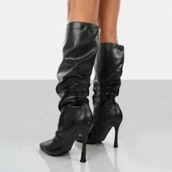 PUBLIC DESIRE IRIS BLACK POINTED TOE STILETTO HEEL KNEE HIGH BOOTS