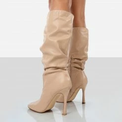 PUBLIC DESIRE IRIS NUDE POINTED TOE STILETTO HEEL KNEE HIGH BOOTS