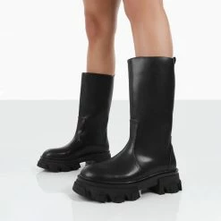 PUBLIC DESIRE JOLIE BLACK PU KNEE HIGH CHUNKY SOLE LONG BOOTS