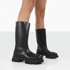 PUBLIC DESIRE JOLIE BLACK PU KNEE HIGH CHUNKY SOLE LONG BOOTS