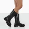 PUBLIC DESIRE JOLIE BLACK PU KNEE HIGH CHUNKY SOLE LONG BOOTS