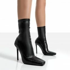 PUBLIC DESIRE LARS BLACK PU WIDE FIT SOCK HIGH HEELED ANKLE BOOTS