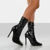 PUBLIC DESIRE LARS BLACK PATENT SOCK HIGH HEELED ANKLE BOOTS