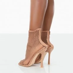 PUBLIC DESIRE LEO NUDE MESH NETTED SQUARE TOE STILETTO HEELED BOOTS