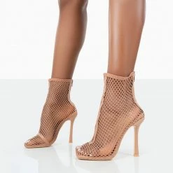PUBLIC DESIRE LEO NUDE MESH NETTED SQUARE TOE STILETTO HEELED BOOTS