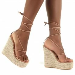 PUBLIC DESIRE LUCIANA MOCHA HEELED ESPADRILLE SANDALS